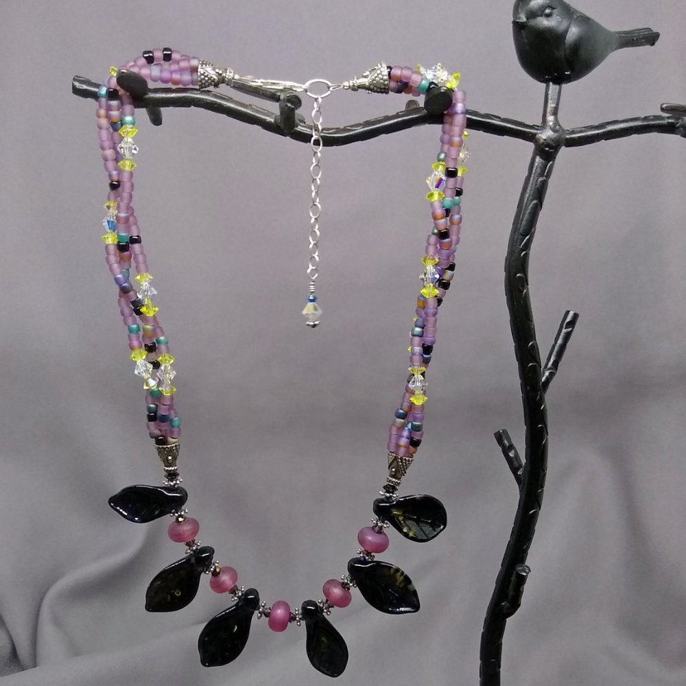 NWOT Necklace Lampworked Glass w/Seed Beads Thai Silver & Crystals Handmade 20"